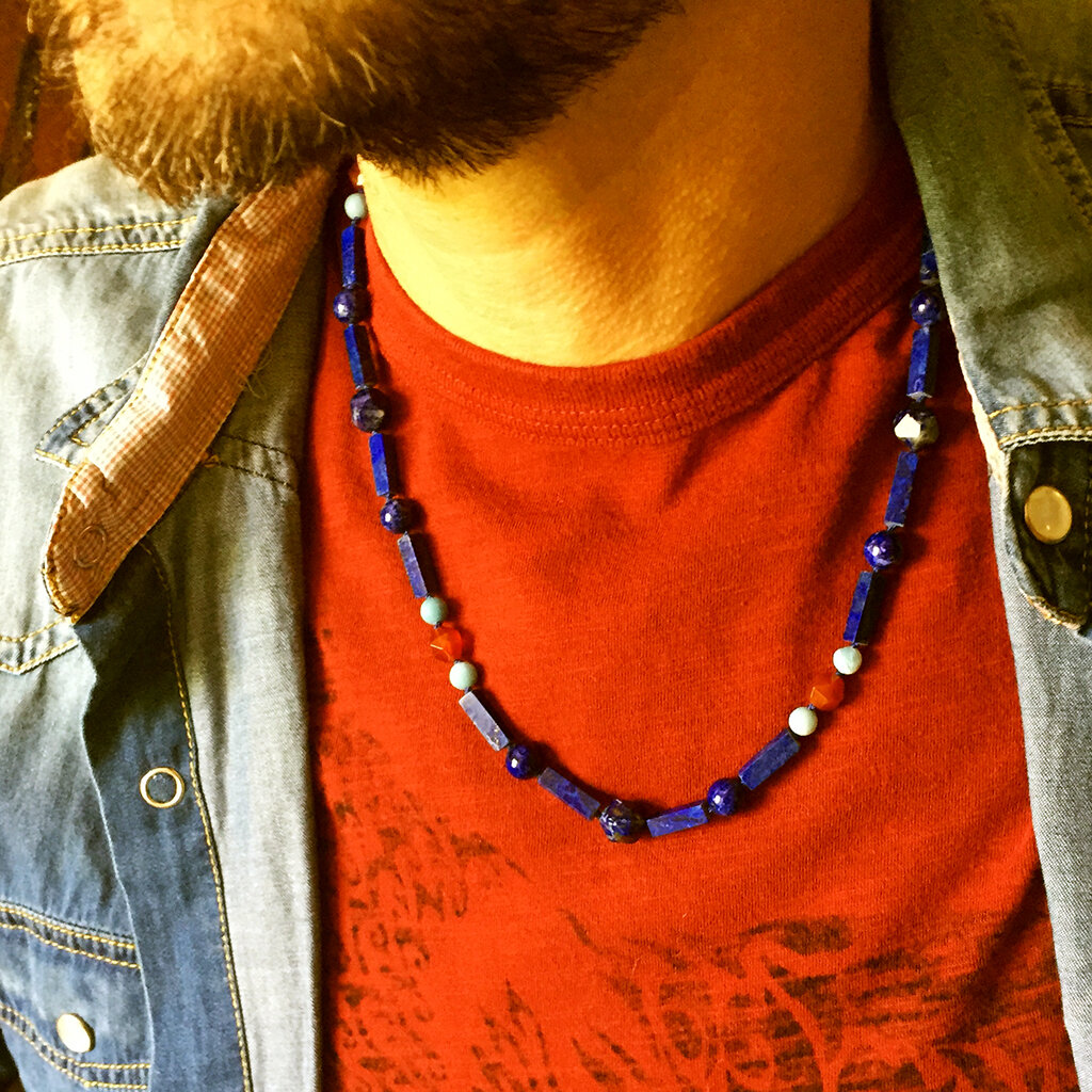 Trismegistus Square Necklace . Lapis Lazuli + Larimar + Red Carnelian