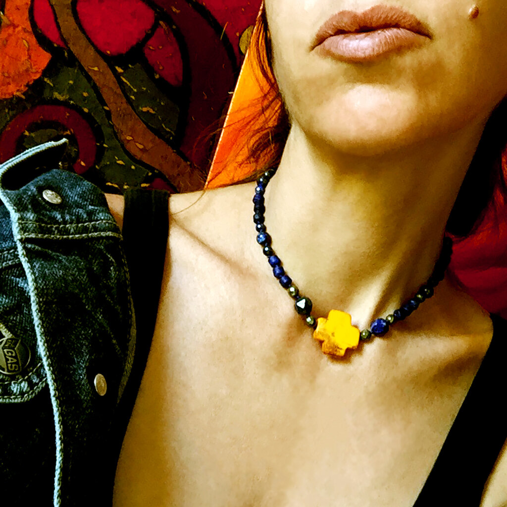 Elemental Collar . Lapis Lazuli + Pyrite + Yellow Turquoise