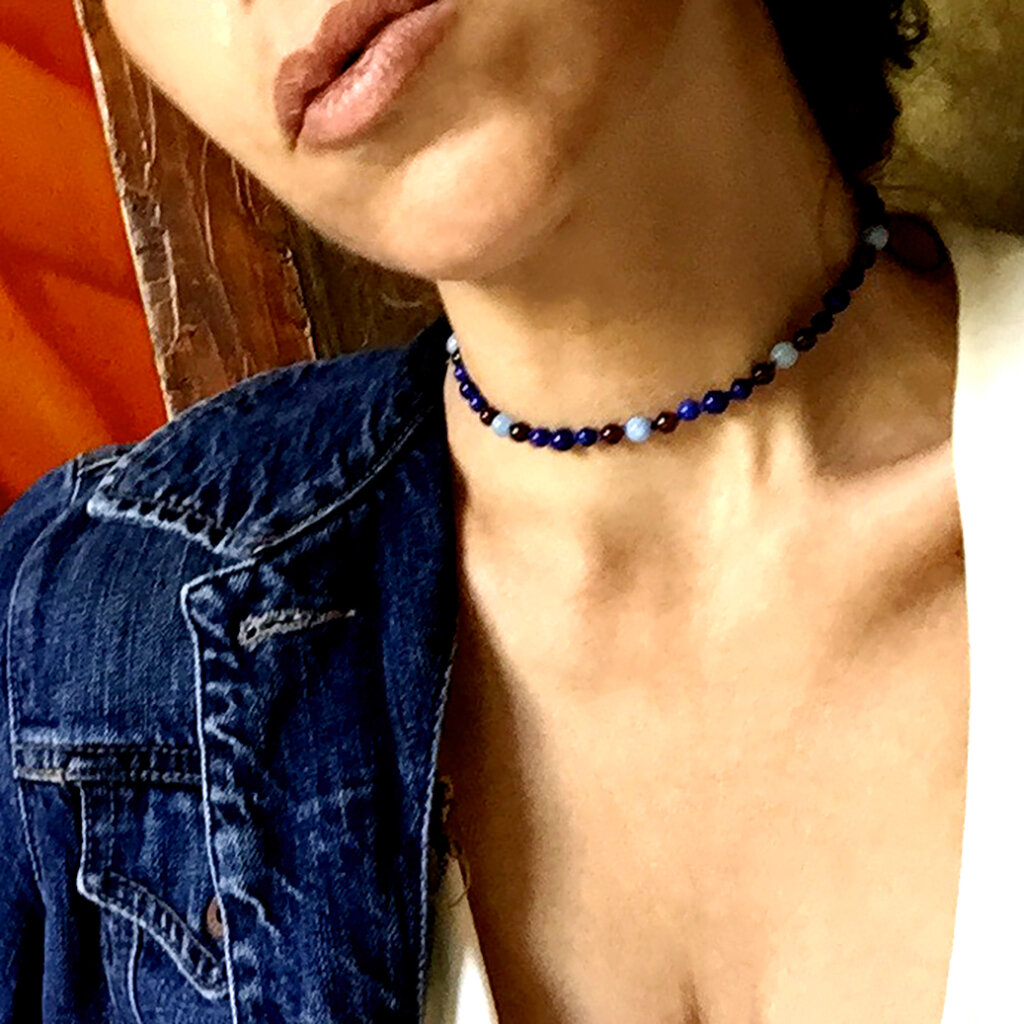 Beatrice Choker . Lapis Lazuli + Garnet + Aquamarine