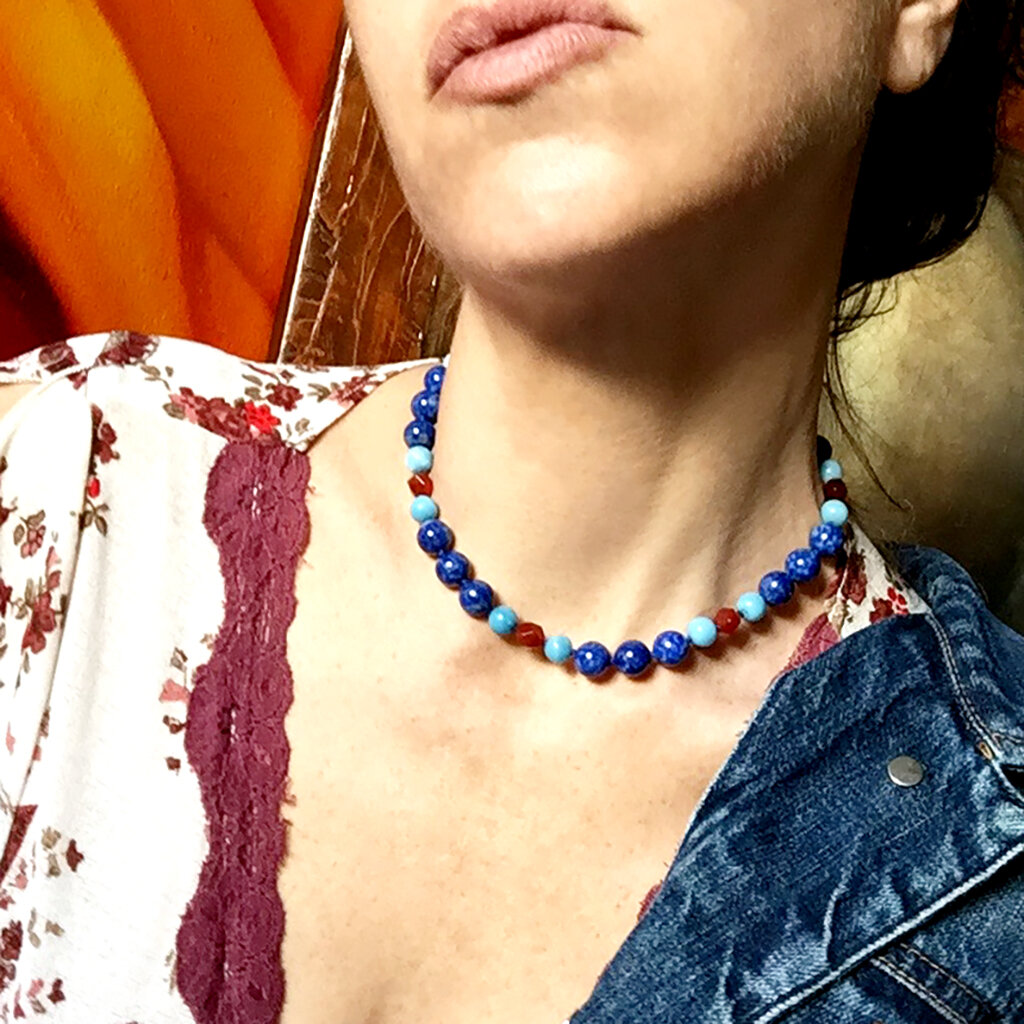 Trismegistus Collar . Lapis Lazuli + Larimar + Red Carnelian