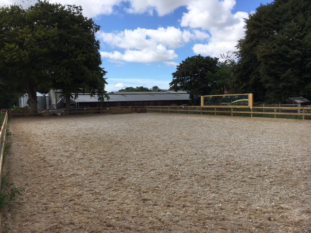 The arena has post and rail fencing and a sand and fibre floor