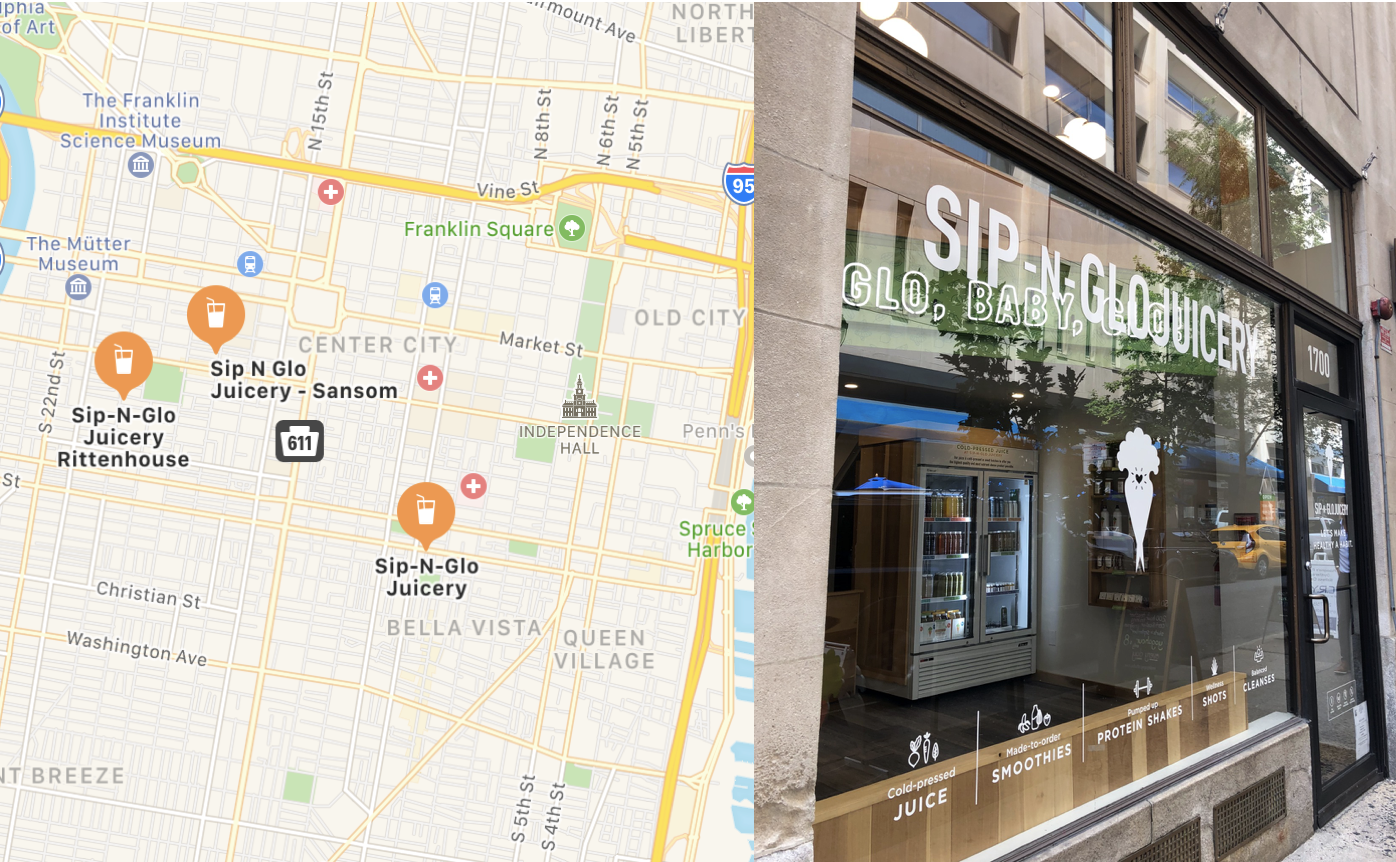 Sip-N-Glo has 3 Locations around Philadelphia: 1700 Samson St, 257 S 20th St, and 932 South St.