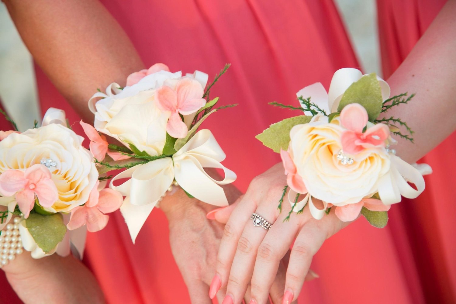 The Bridesmaids were dressed in peach with beautiful peach flowers to match