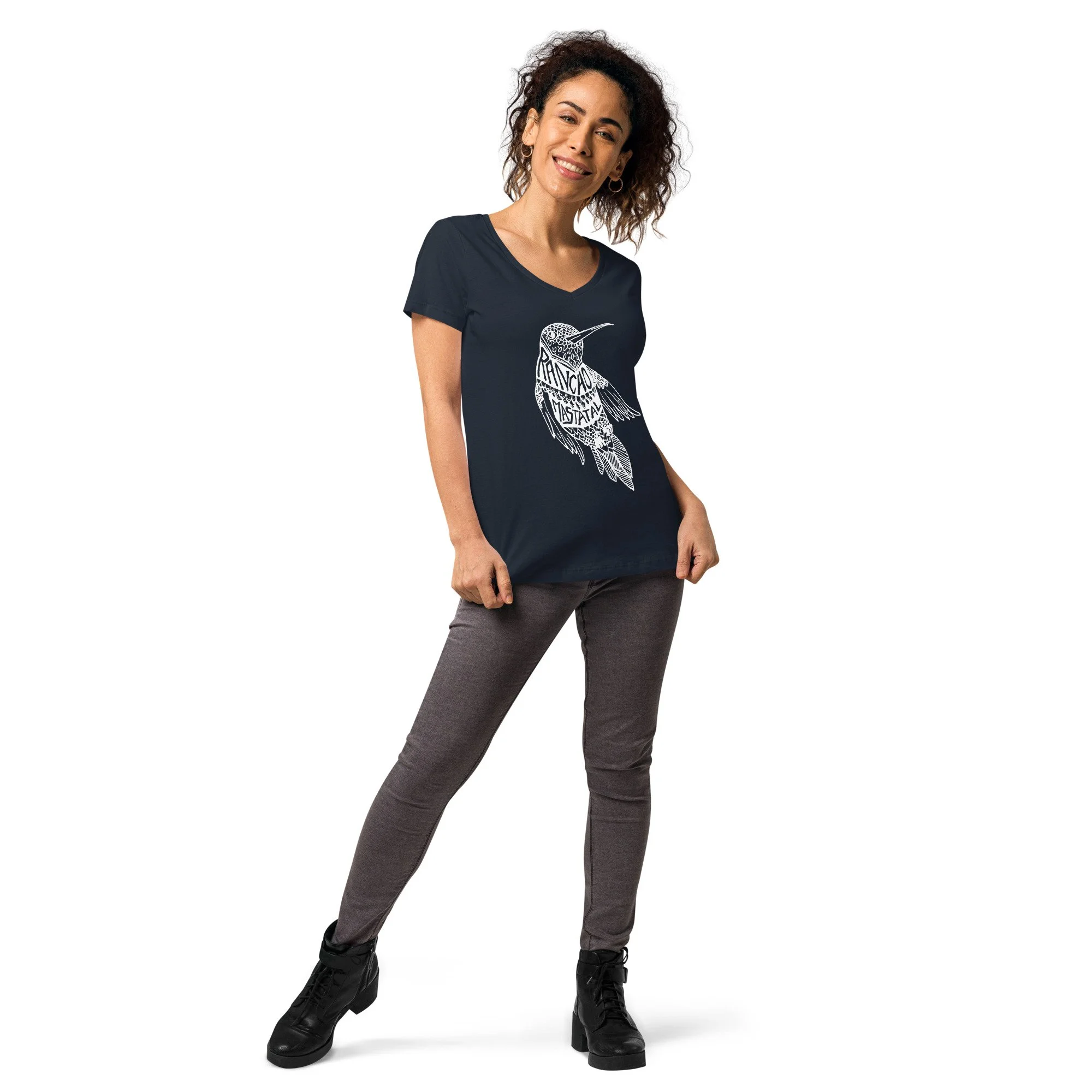 Women's Fitted V-Neck T-Shirt Hummingbird Rancho Mastatal