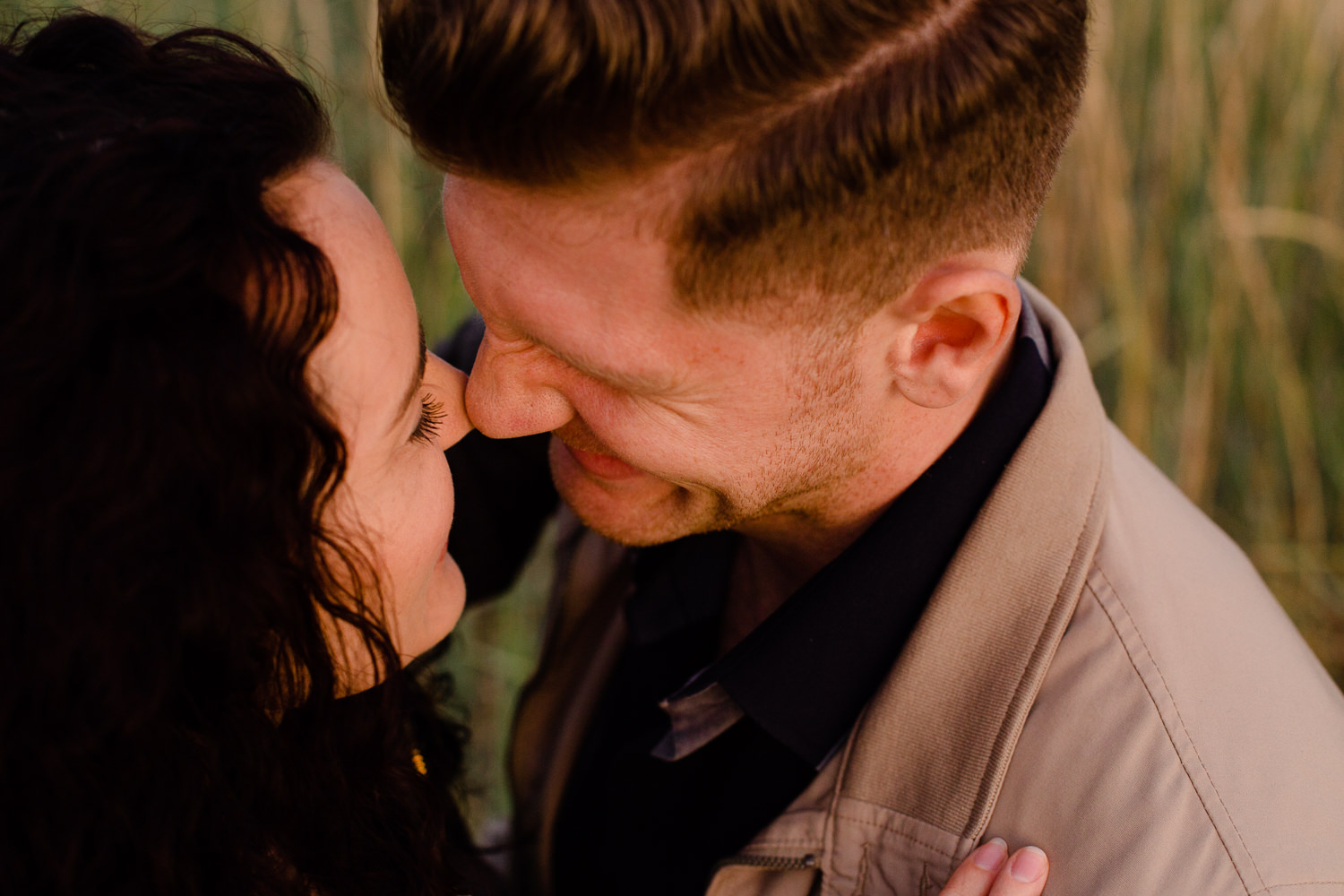 Close up of a couple touching noses - Merseyside pre wedding shoot