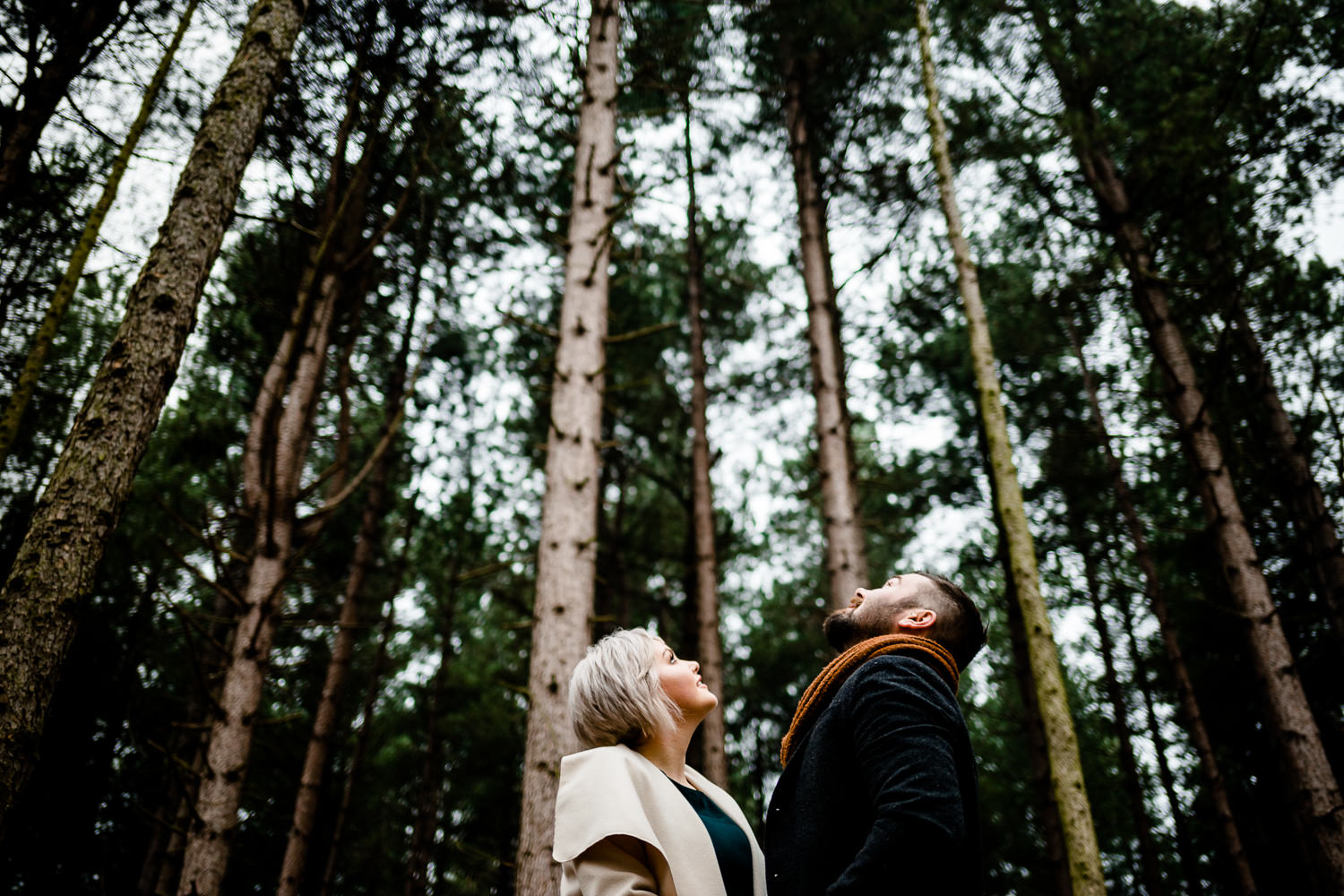 couple looking up in woodland on their engagement shoot in Yorkshire