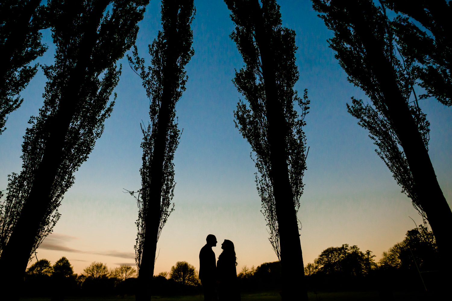 Silhouette of couple on an enagement shoot stood between trees against sunrise sky on thier pre wedding shoot in Fletcher Moss park, Didsbury, Manchester. 