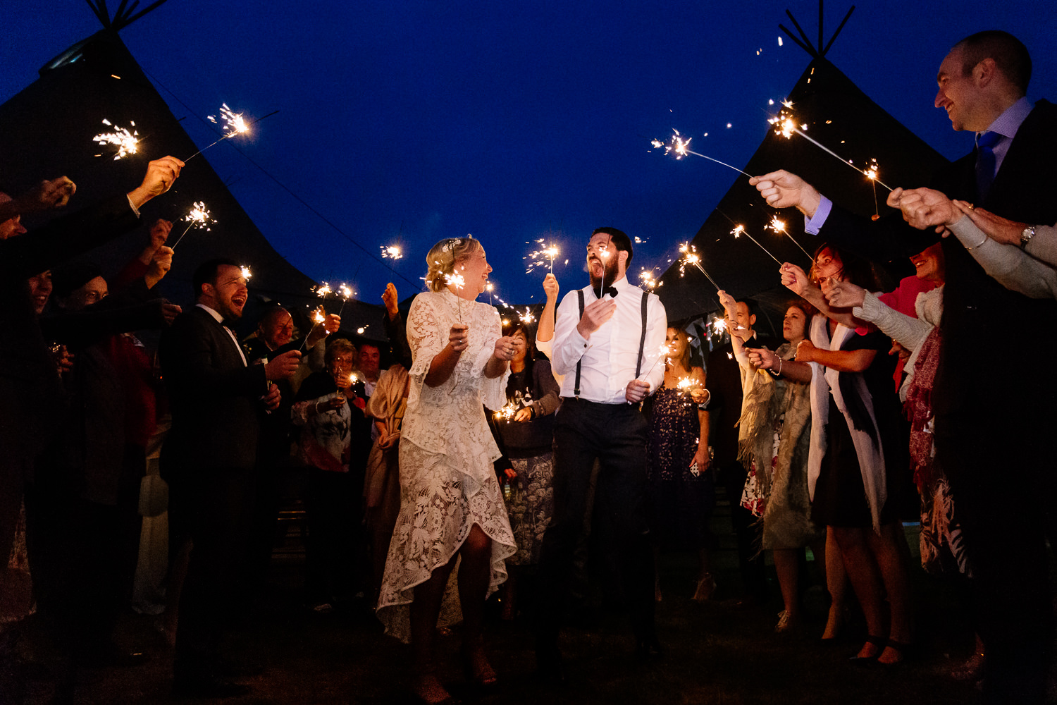 Sparklers at a tipi wedding in Anglesey.