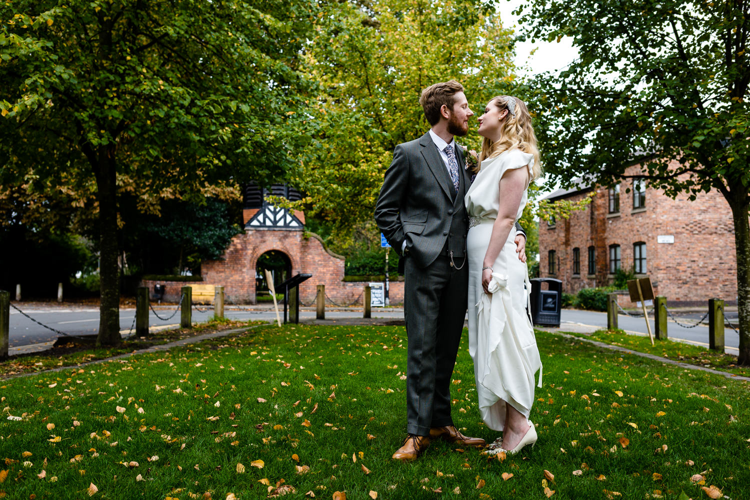 Rose & Josh on Chorlton Green on their wedding day at The Lead Station.