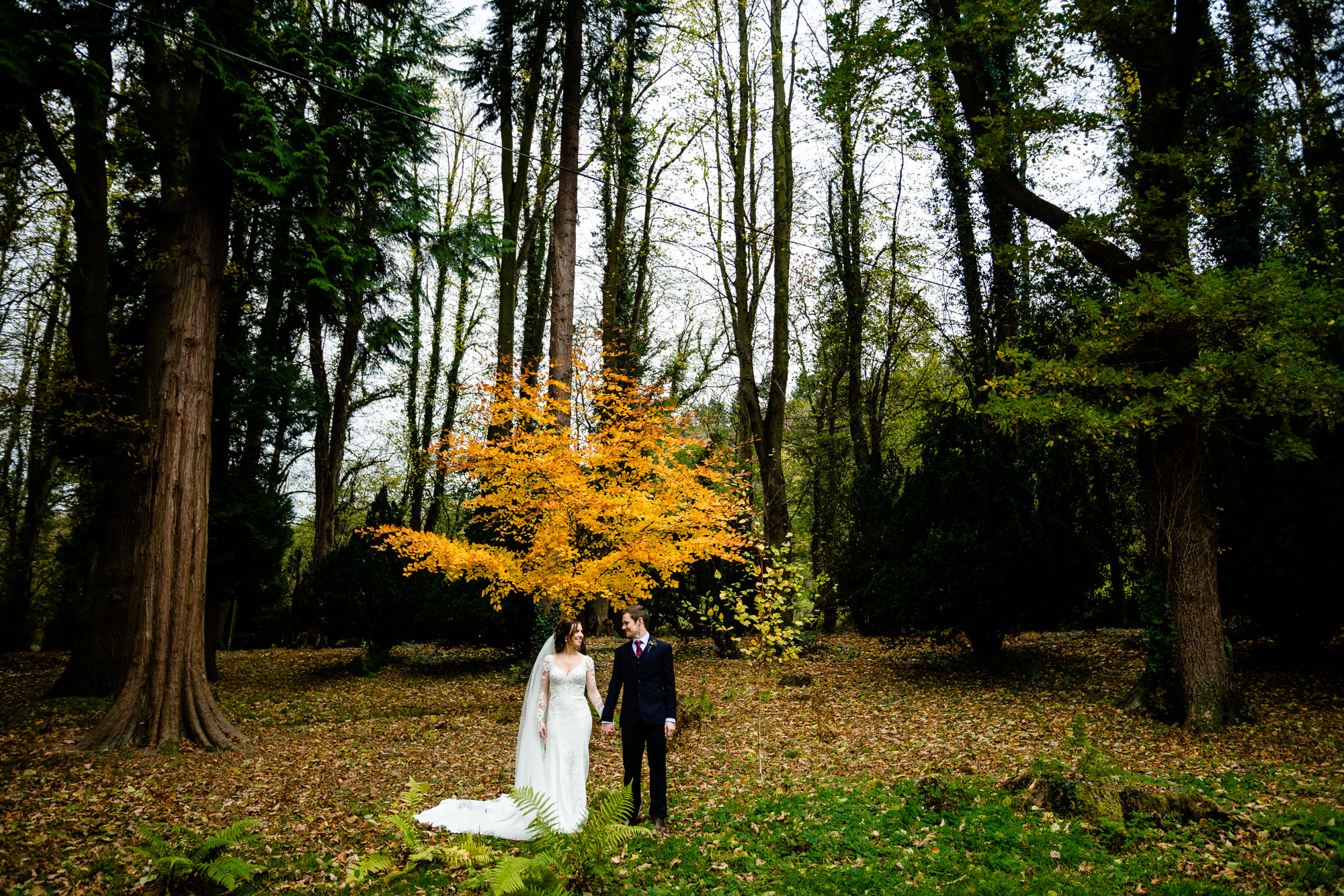 Bride and groom stood in a colourful sutumnal forest at their Wales wedding