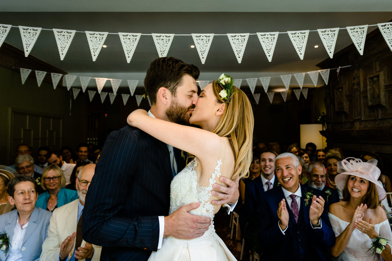 First kiss, wedding photographers Whirlowbrook Hall
