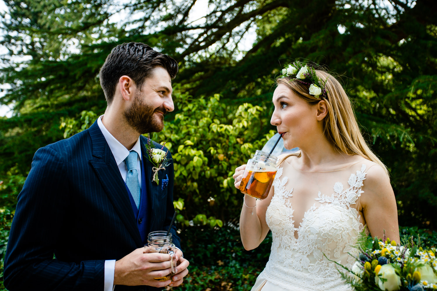 Bride and groom drinking Pimms relaxed Whirlowbrook Hall photographer