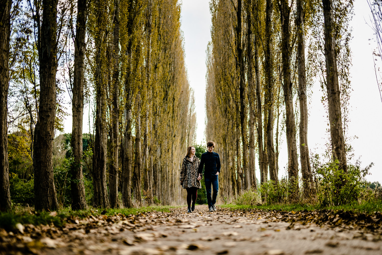 Didsbury Wedding Photo, a tree lined path at Fletcher Moss Park