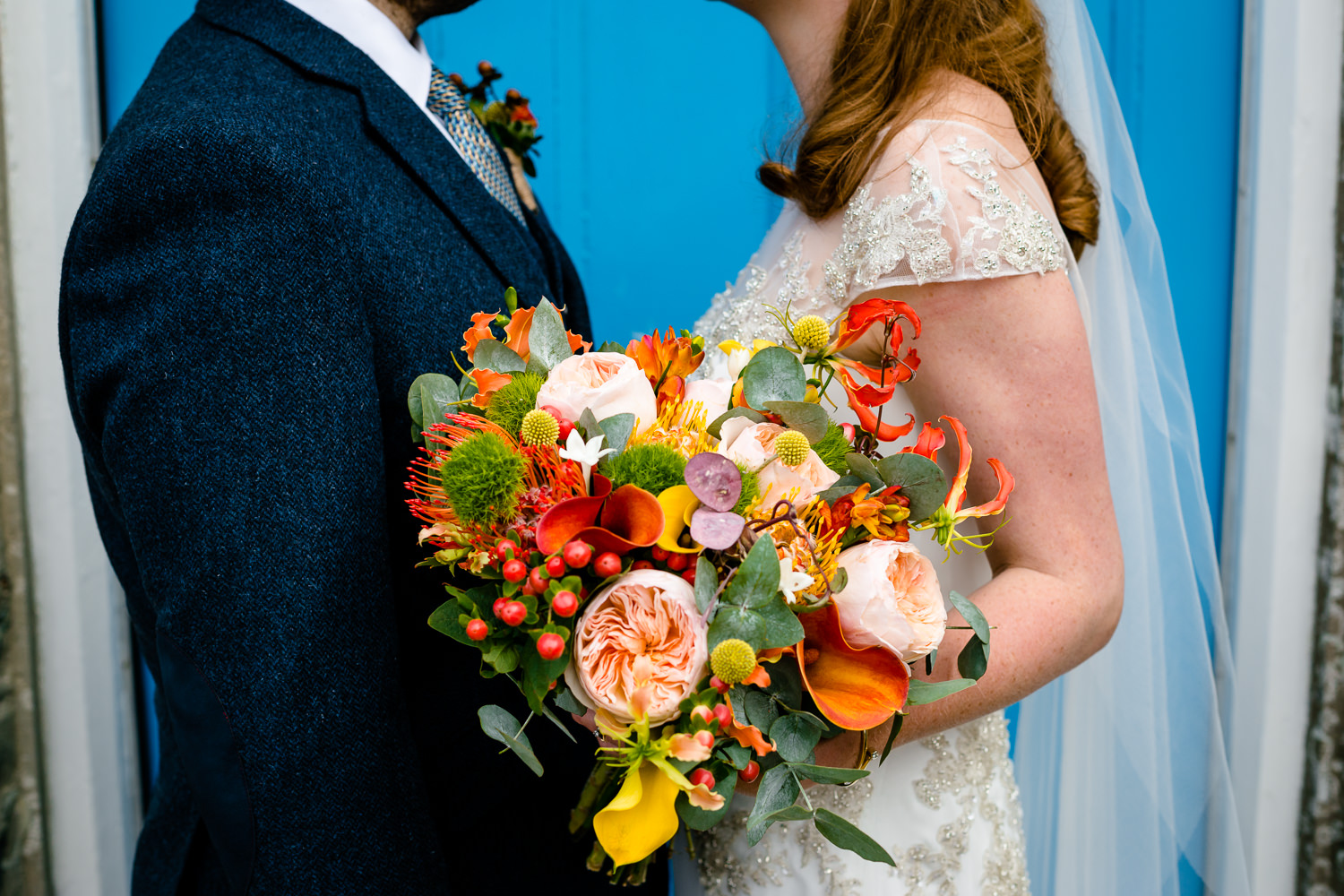 Bright and colourful flower bouquet, Colourful Anglesey wedding photograph