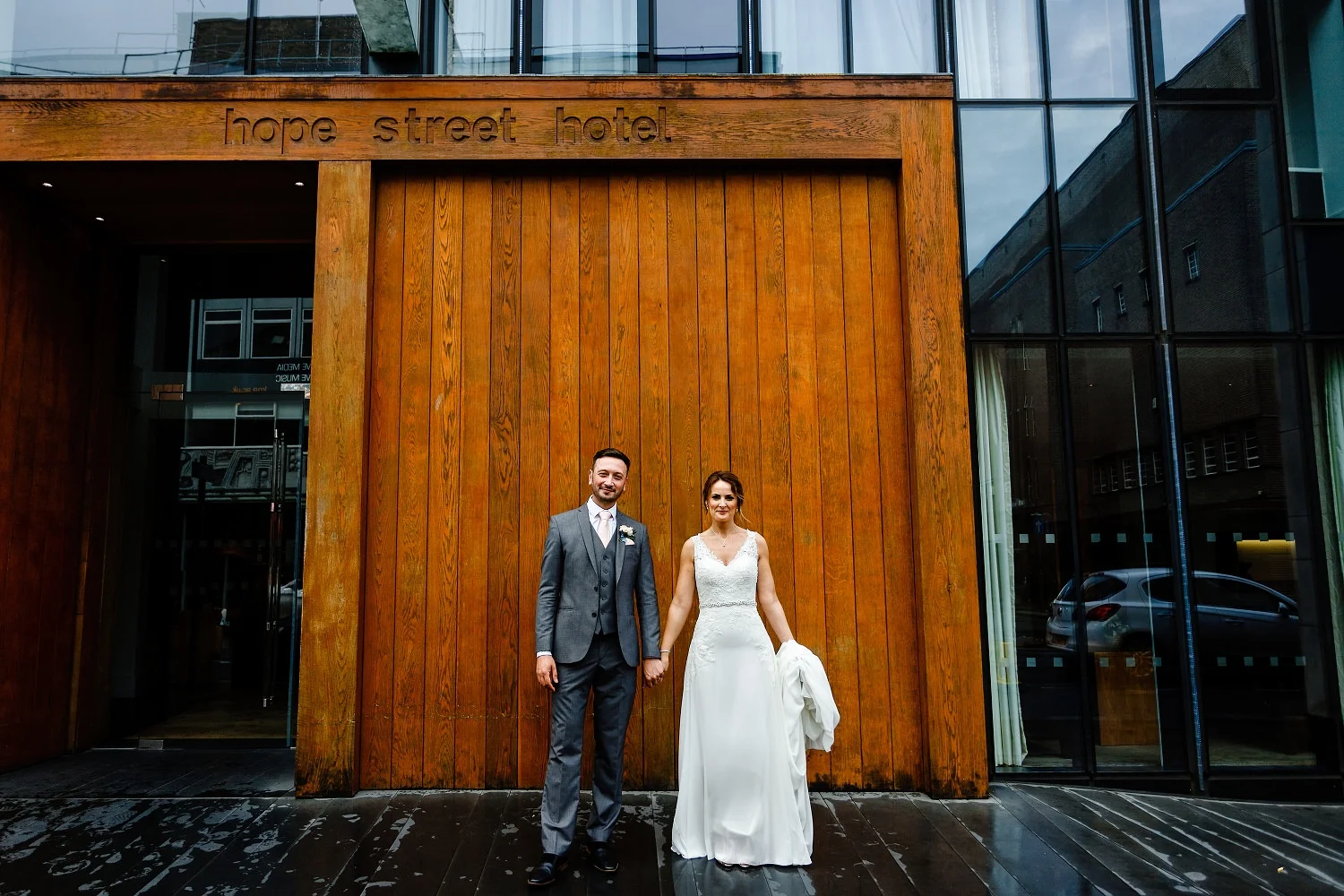 A Bride and Groom outside Hope Street Hotel on their wedding day