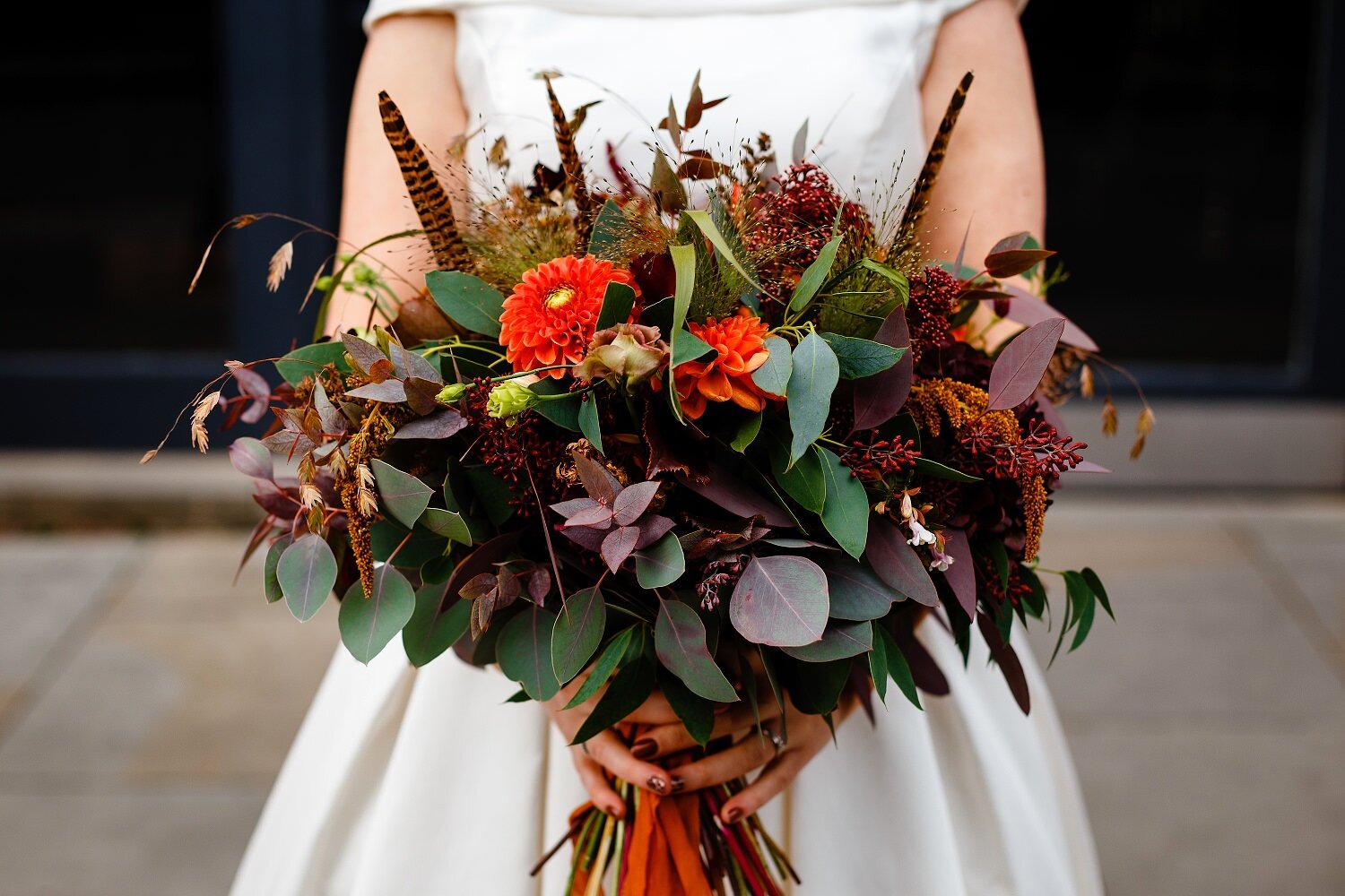 Colourful autumnal bouquet by The Flower Lounge for a Great John Street wedding.