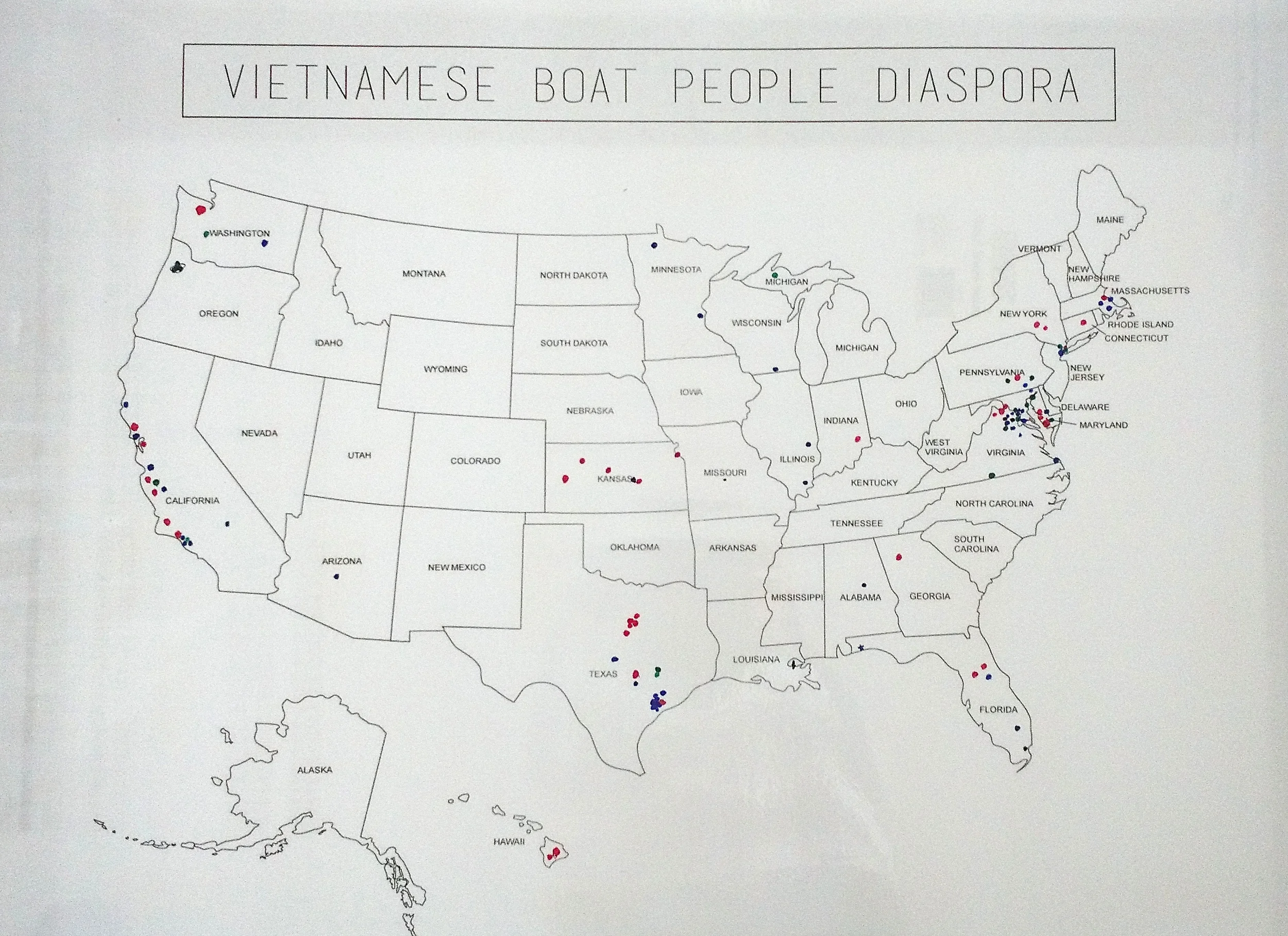 Vietnamese Boat People Diaspora Map (USA) (This picture of the map was taken at the midway point of the event, therefore it is missing a few data points.)