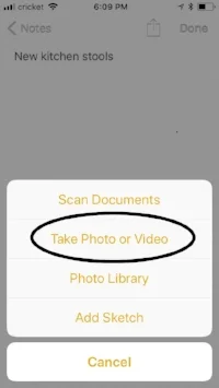 Screenshot of a note with option to add photo