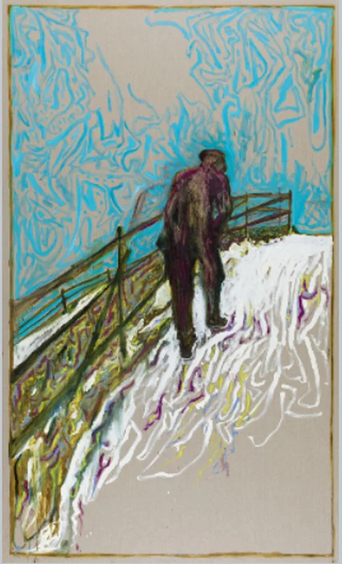 Man Walking Up a Snowy Slope Oil and charcoal on linen 305 x 183 cm