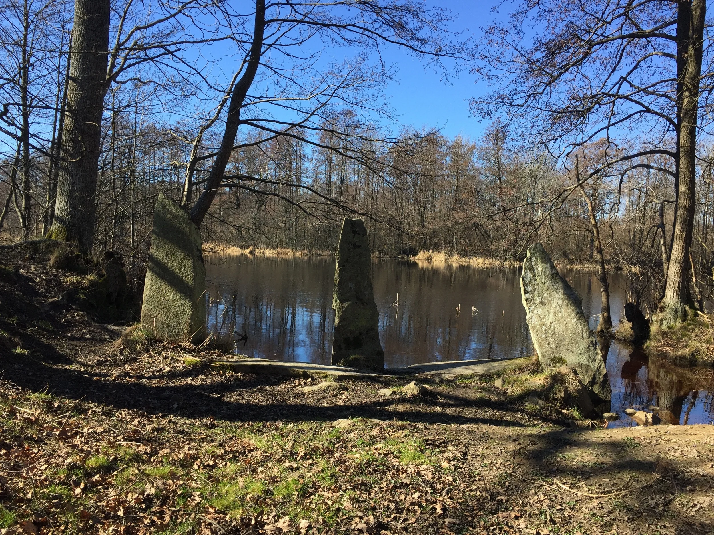 Three standing stones on the bank of the Lyckebyån