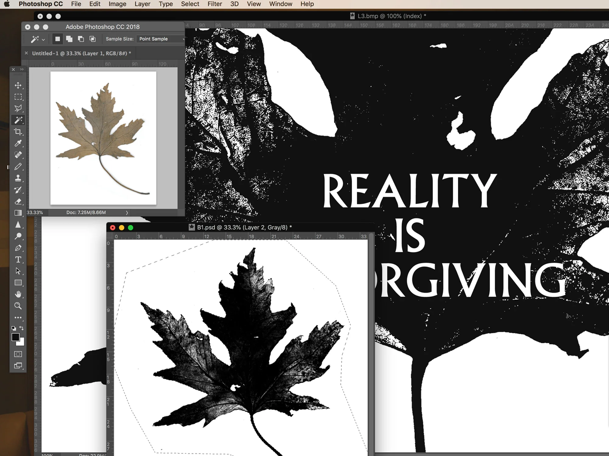 Scanning the leaf, converting to Bitmap with type added in Photoshop. It's important to bitmap the image to remove excess 'mid tone' grey