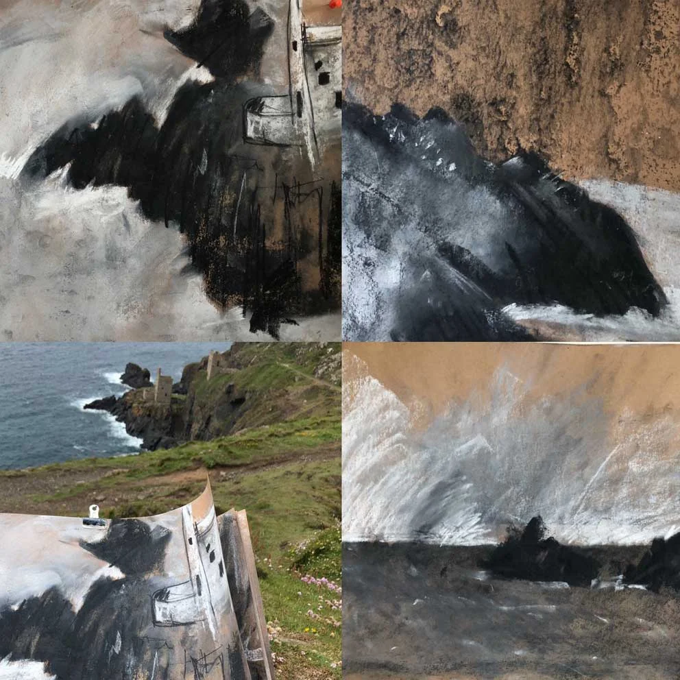 Drawing the landscape rapid fire with charcoal and chalk on sugar paper