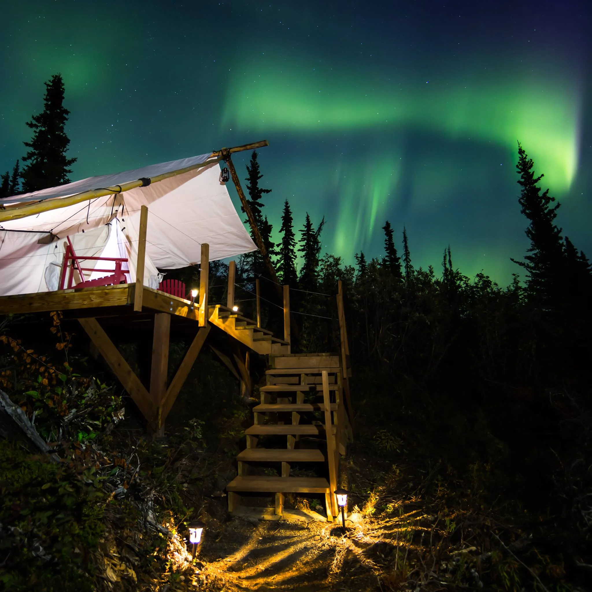 Northern lights dancing over a canvas tent at Alpenglow Luxury Camping Photo by: David Crane http://www.dcranephoto.com