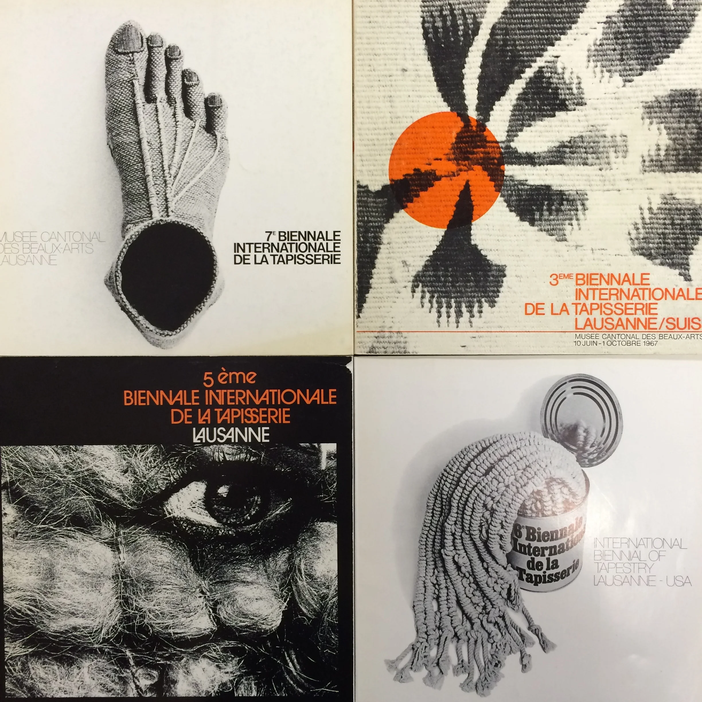 A grid of Lausanne Biennial covers from the Friends of Fiber Art International archives.