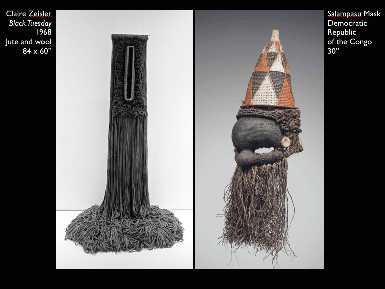 A slide from my presentation, in which I identify formal congruences between the sculpture Claire Zeisler made (left) and collected (right). Both of these fiber objects juxtapose a densely articulated upper register with loose, cascading strands below.