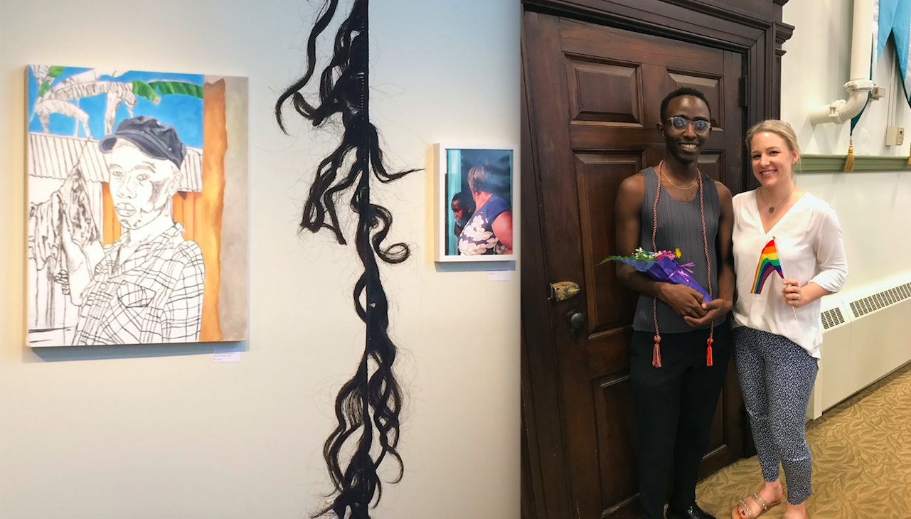 Left: Installation view of Denis Mwaura, Being and Becoming . Right: Celebrating with the artist-curator at his Lavender Graduation ceremony.