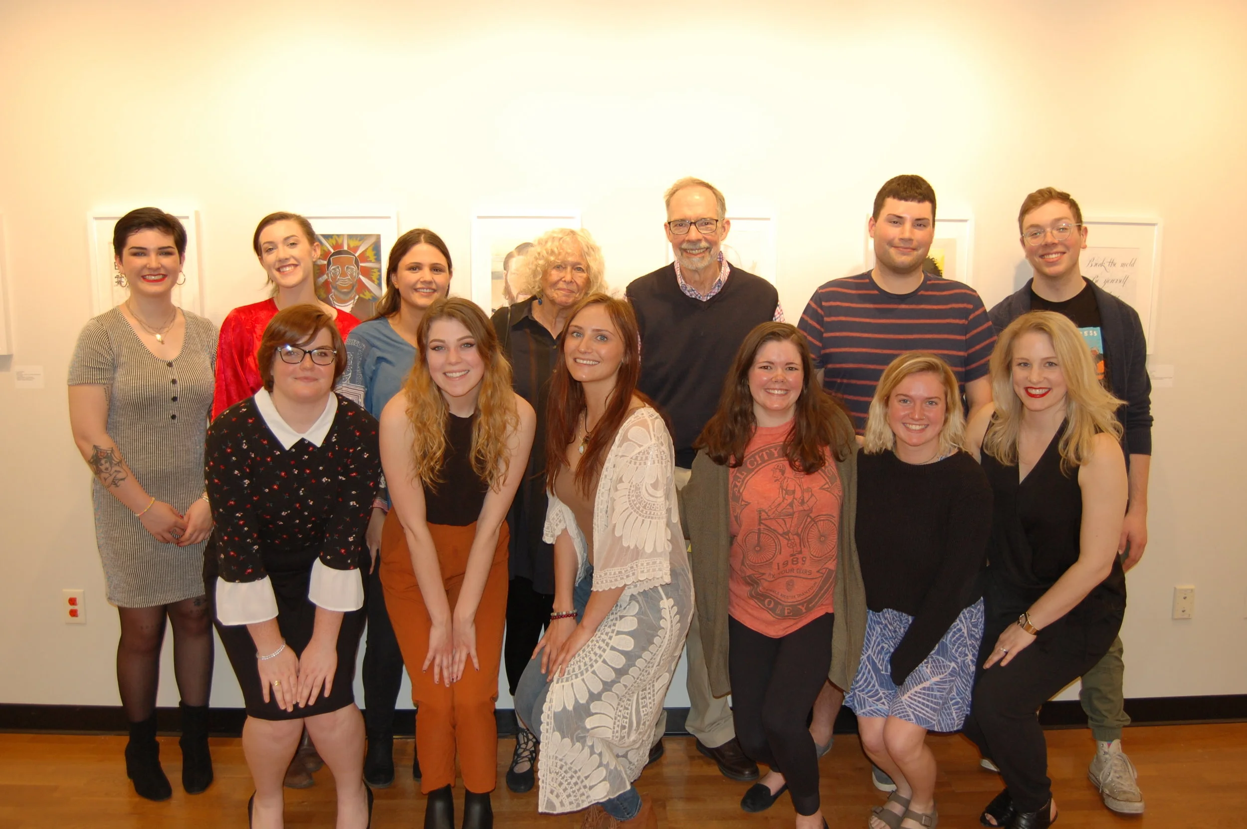 The entire team poses at the opening with Art History Emeritus Professors and project namesakes Dick Hunnewell and Naomi Kline (back row center).