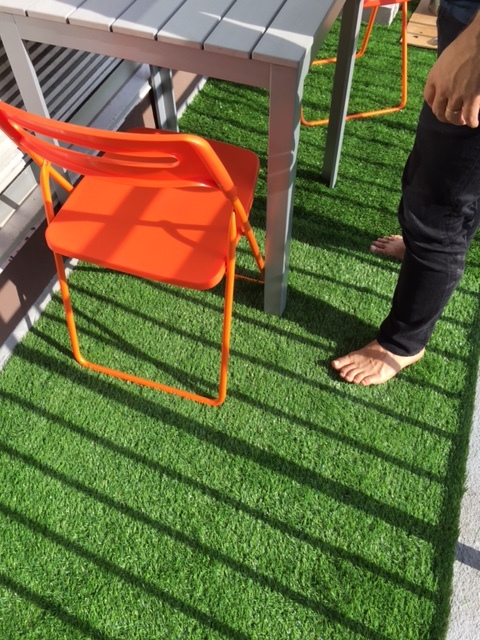 The fun Brooklyn purchase - astroturf on the balcony! *Gorilla Bin is only in NY but check out Bungo Box or just google "reusable moving boxes."