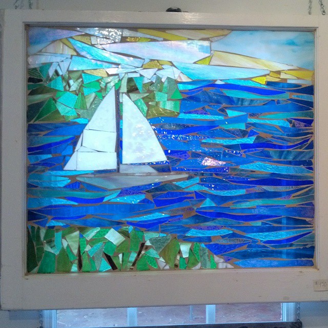  Sailing...Take me away. This is custom mosaic artwork on a salvaged wooden window. 
