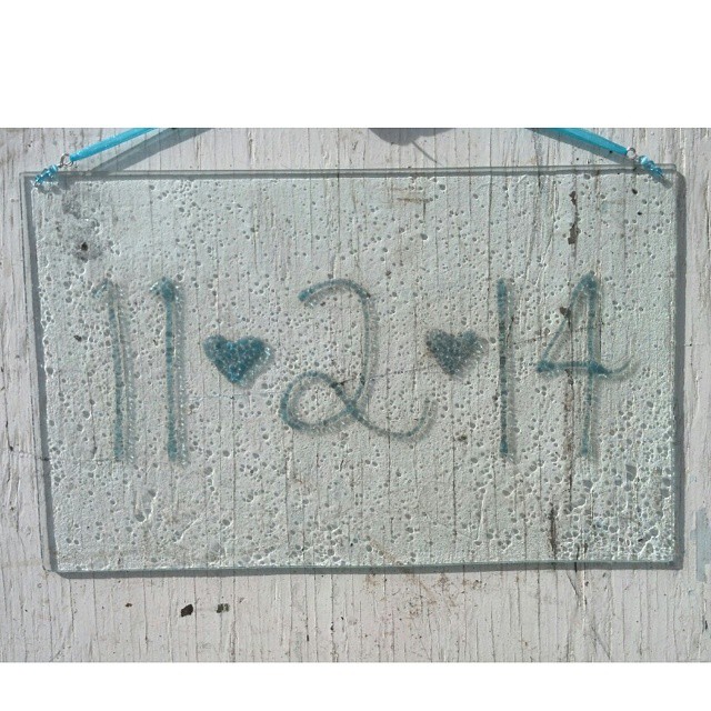  Recycled glass date plaque. He will NEVER forget your special day. Call us with your custom date order. Cost is $125. 