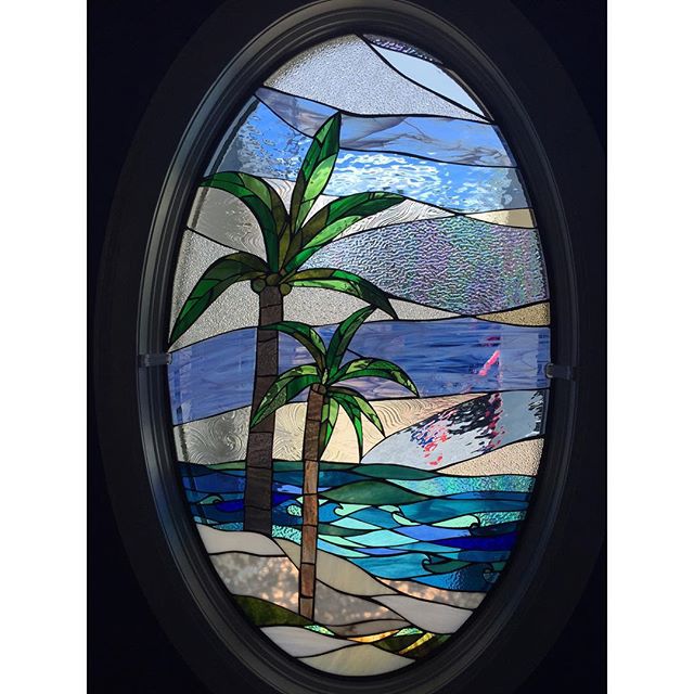  Palm trees oval stained glass 