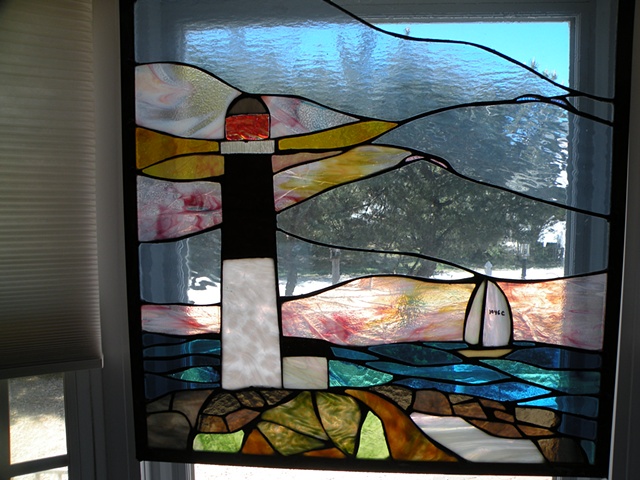  Old Barney for Shirley  Stained Glass  24" x 24"  Barnegat Lighthouse in stained glass at twillight in private residence in North Beach, NJ 