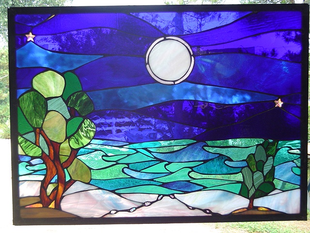  Blue Moon  Stained Glass  Now part of the R. Balzamma collection. Originally designed as an anniversary gift.  Designing and fabrication typically are all done in our studio located on Long Beach Island, NJ. Custom work is one of our specialties, ev