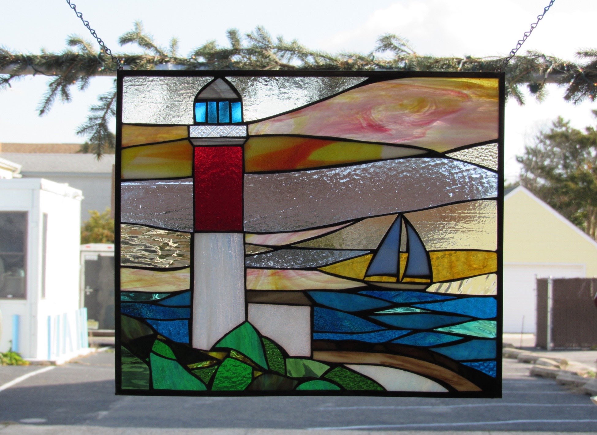Custom Stained Glass Window.Barnegat Lighthouse.Old Barney and Sailboat 2.jpg