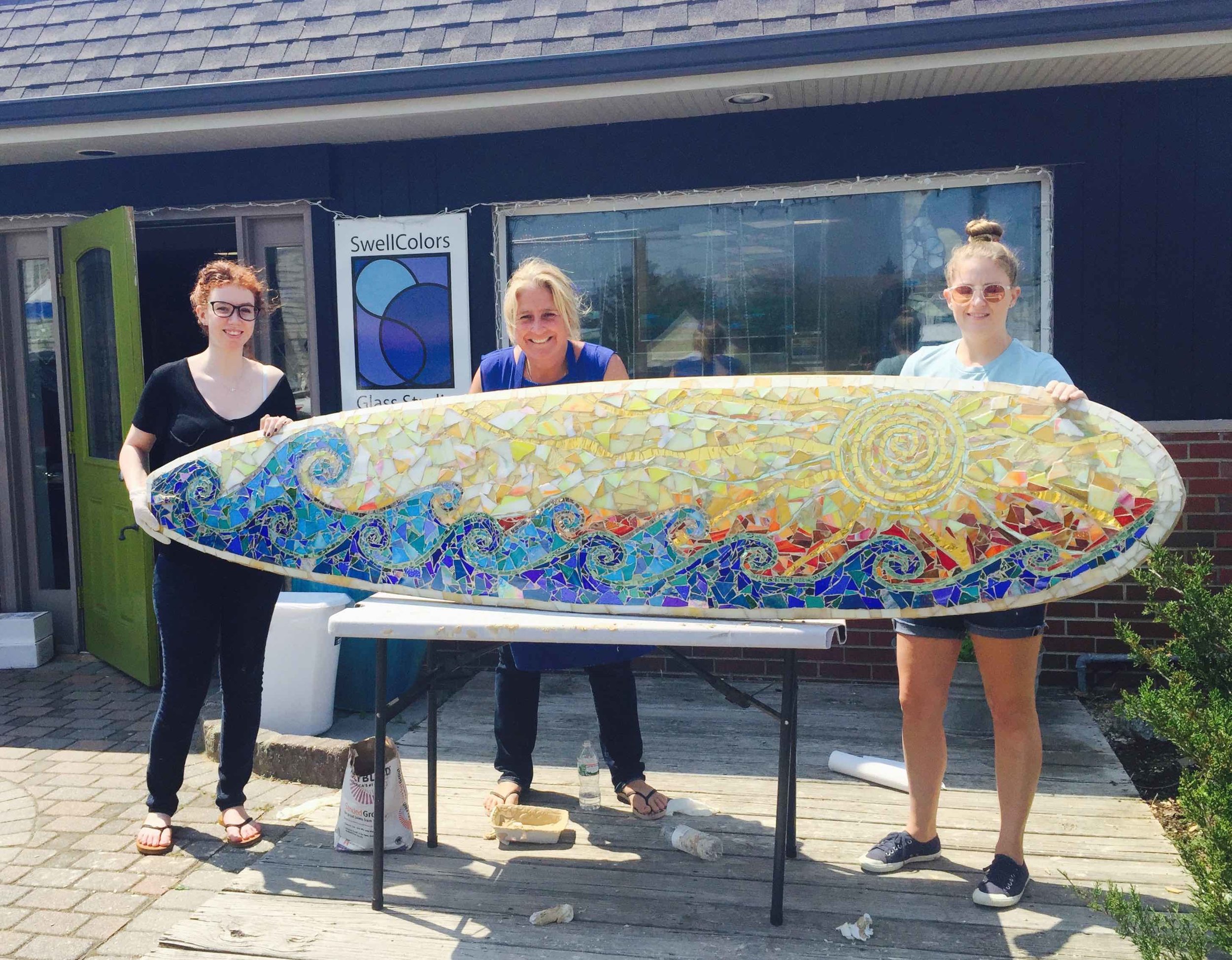Custom Glass Mosaic Surfboard Art- Sun Over Waves