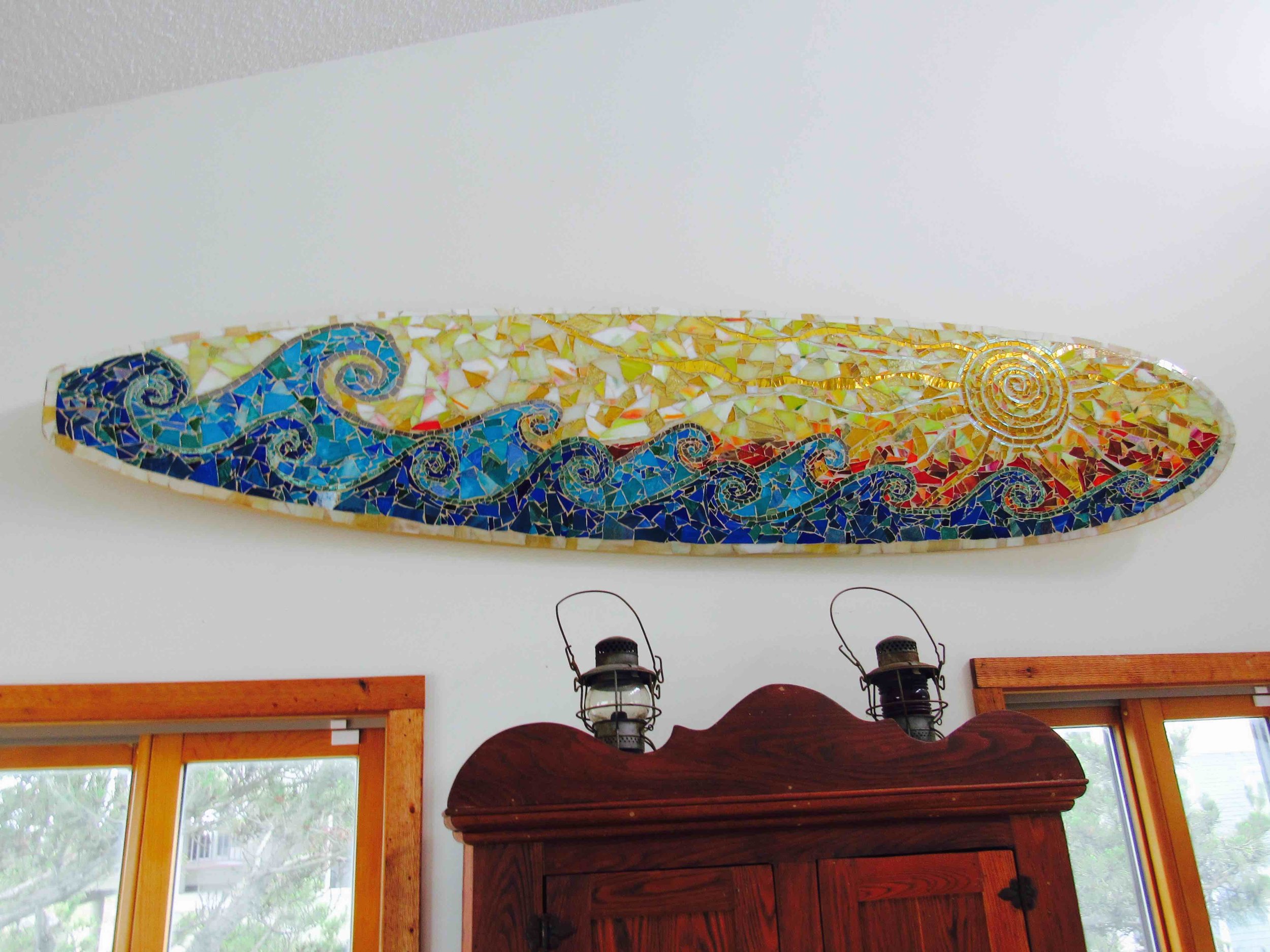 Custom Glass Mosaic Surfboard Art- Sun Over Waves