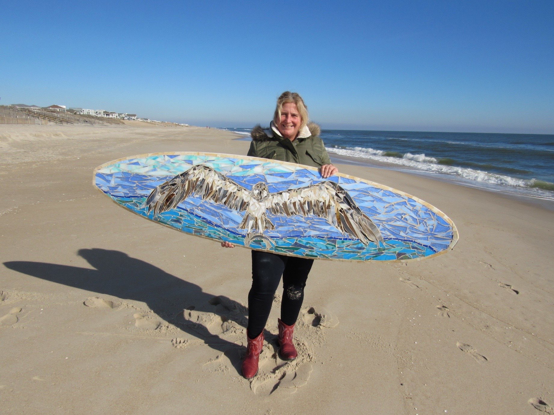  Ospreys Custom Glass Mosaic Surfboard  Custom made glass mosaic surfboard with majestic ospreys 