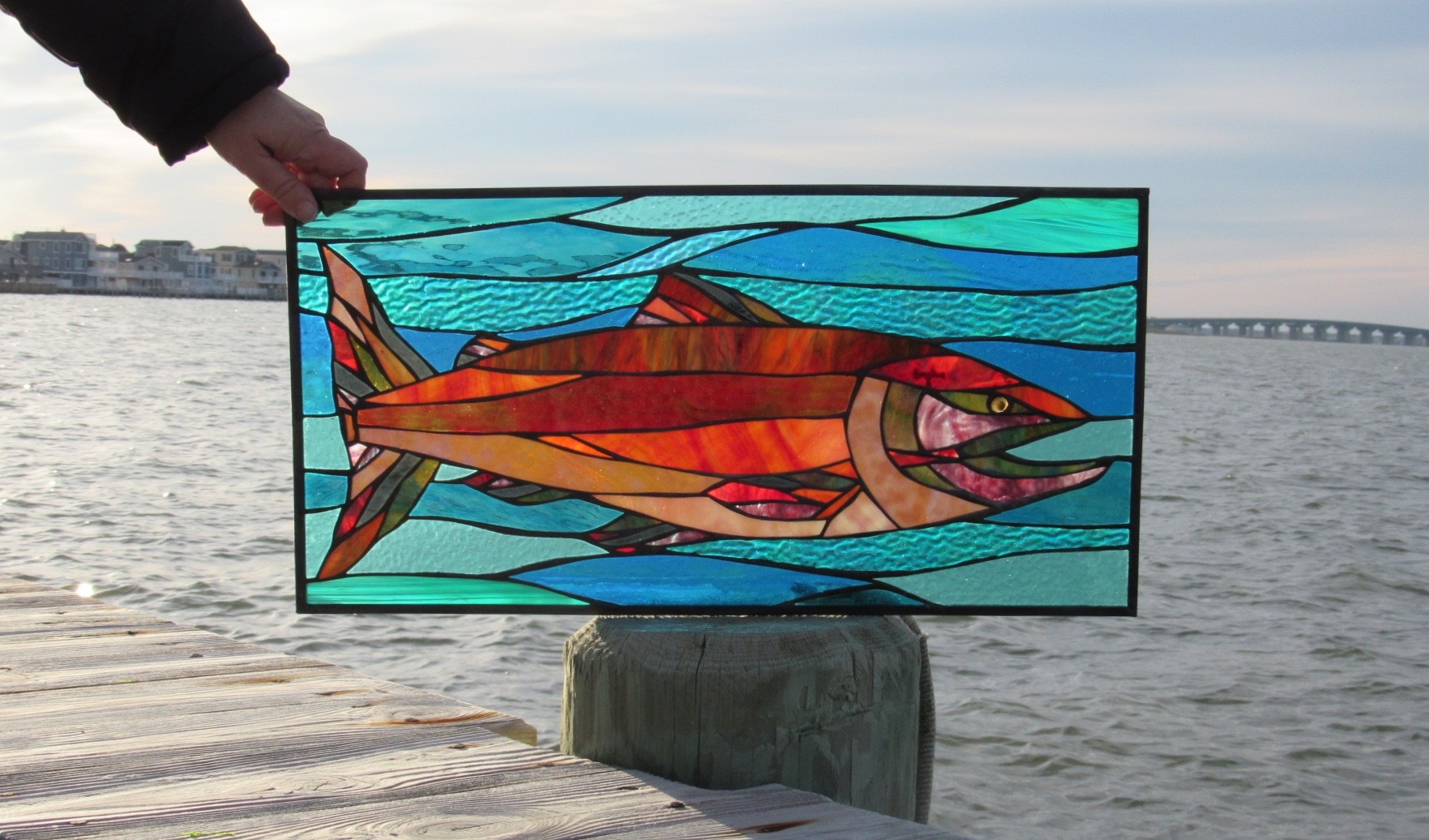  Salmon Swims Upstream Custom Stained Glass Panel  This panel was a very special custom project- we shipped it all the way to Alaska! 