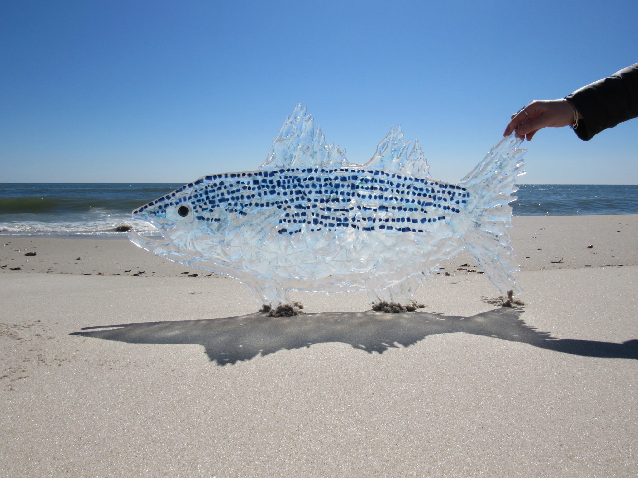  This huge glass fish was made from upcycled glass pieces fired in our kiln. 