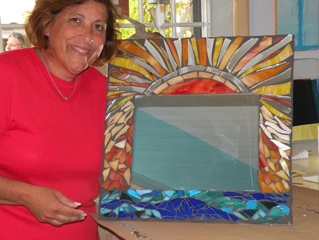 We will grout your mirror mosaic with concrete so you can put it in your outdoor shower! So fun!