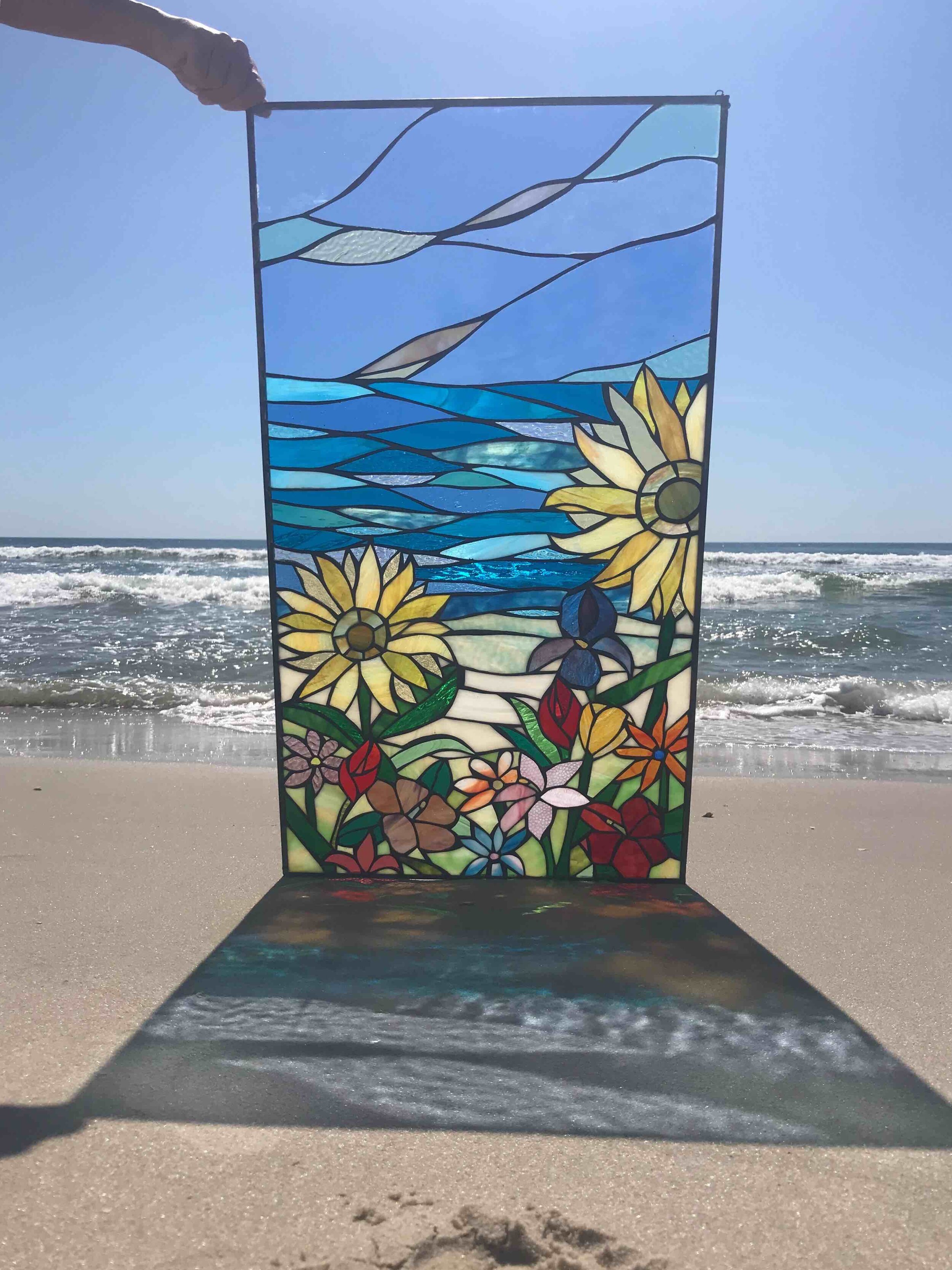 Ocean Glass Art Stained Glass Beach Gift for Mom Beach Wall Hanging Framed Stained Glass Art Beach Desk Office Decor Beach Suncatcher