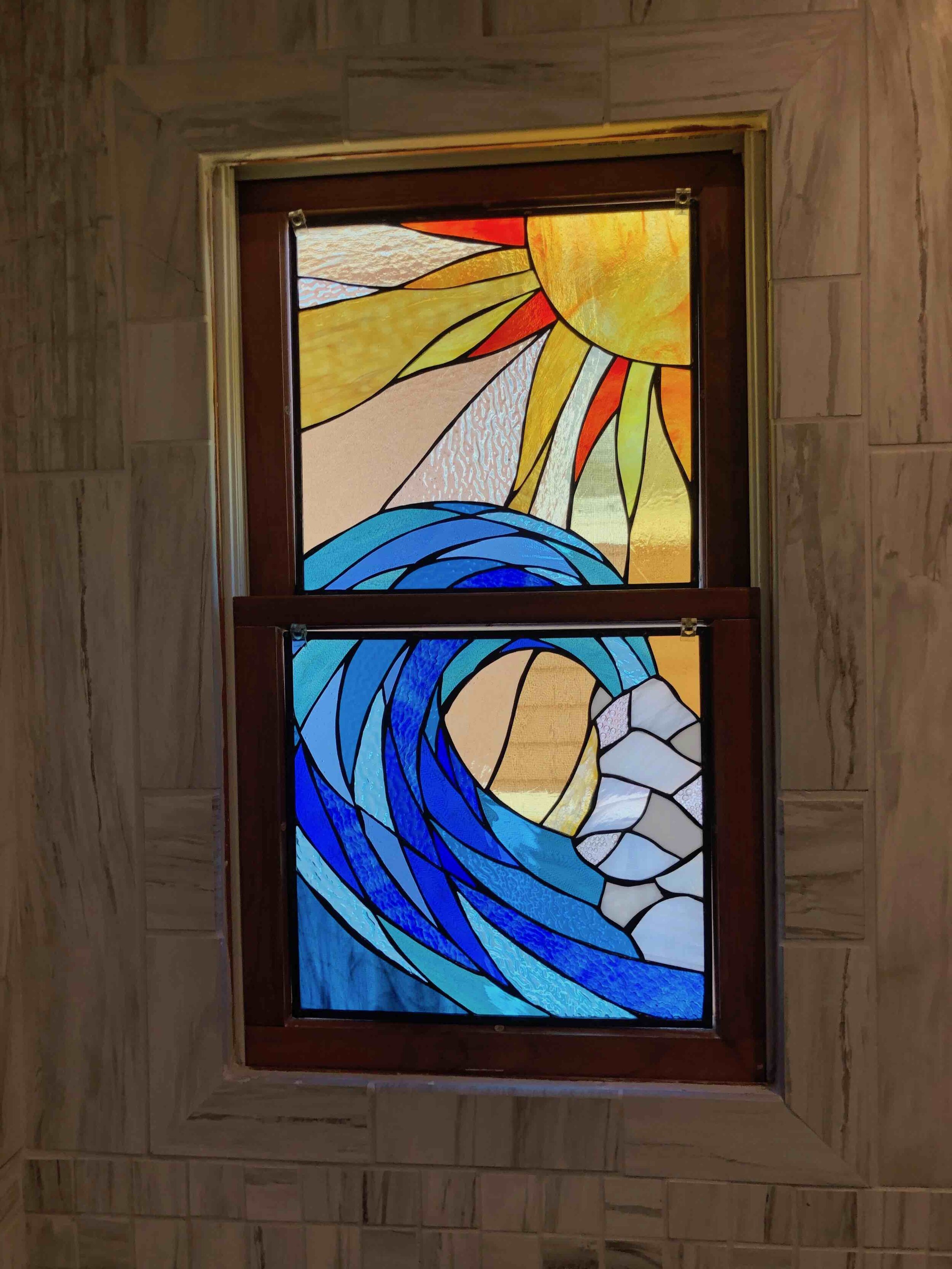 Custom Ocean Sunrise Diptych Stained Glass. Installed.jpg