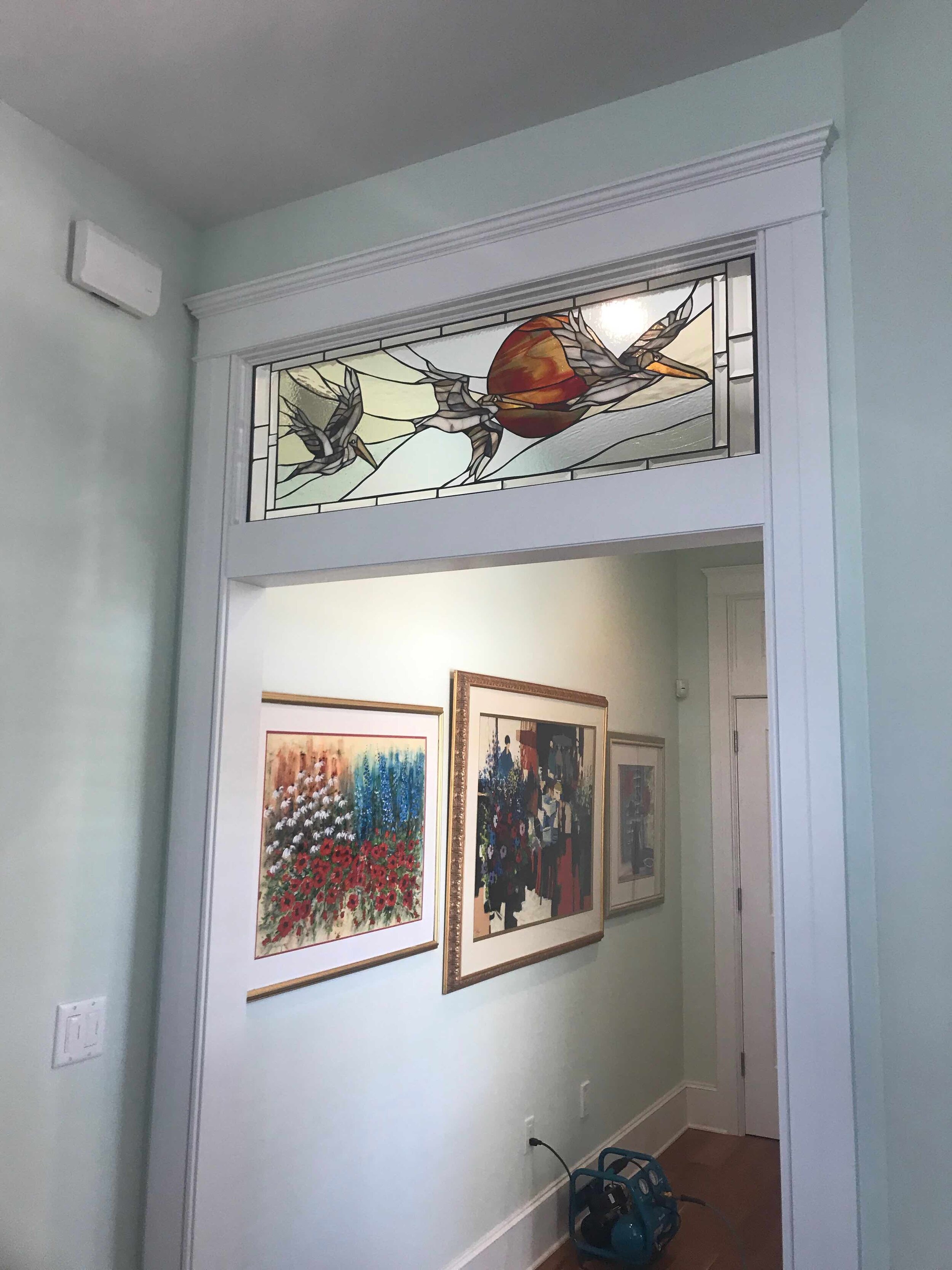 Custom Pelicans in Flight Stained Glass Installed.jpg