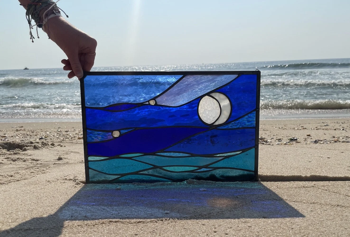 moon and stars over the sea custom stained glass art