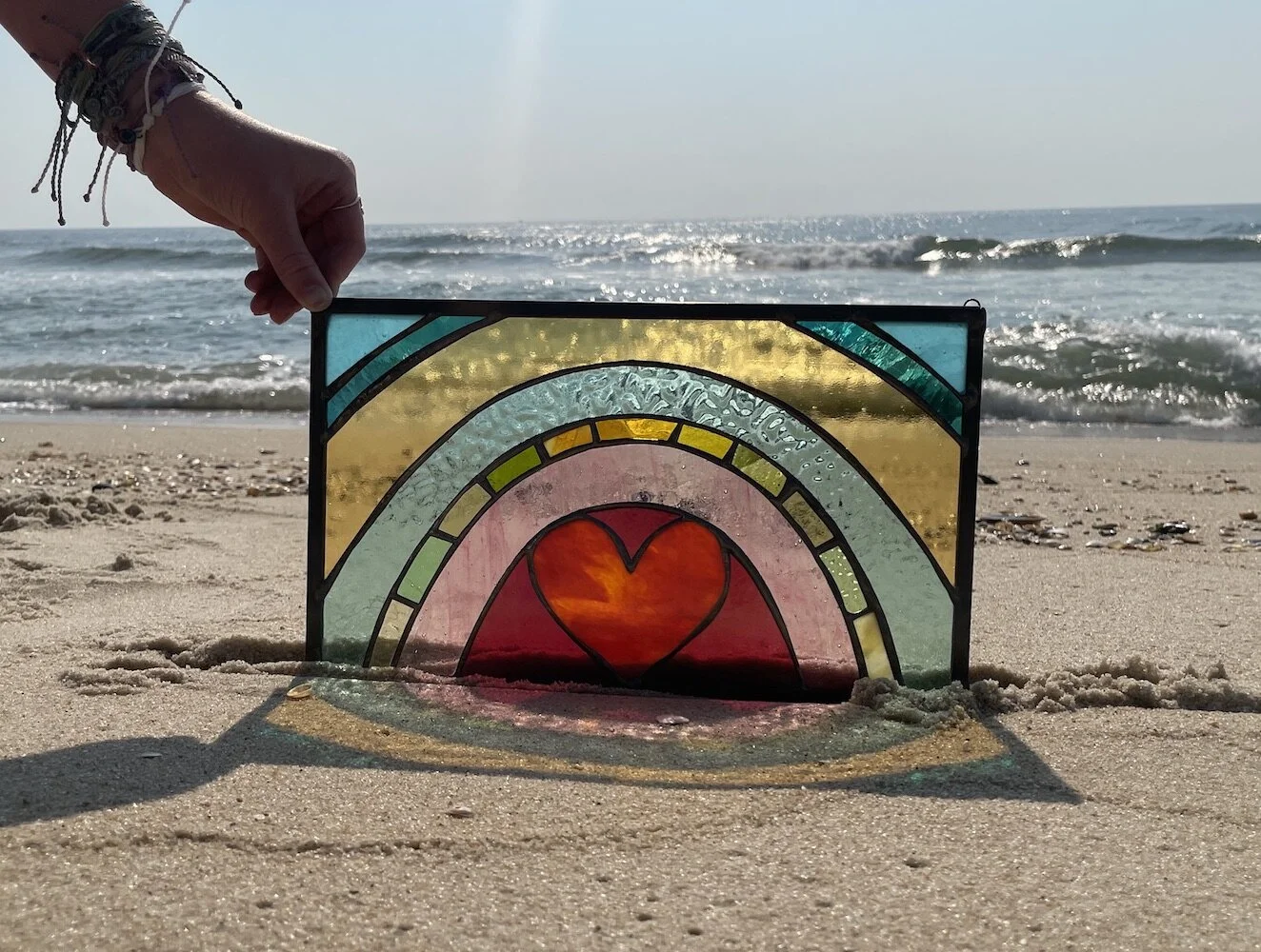 Rainbow heart stained glass