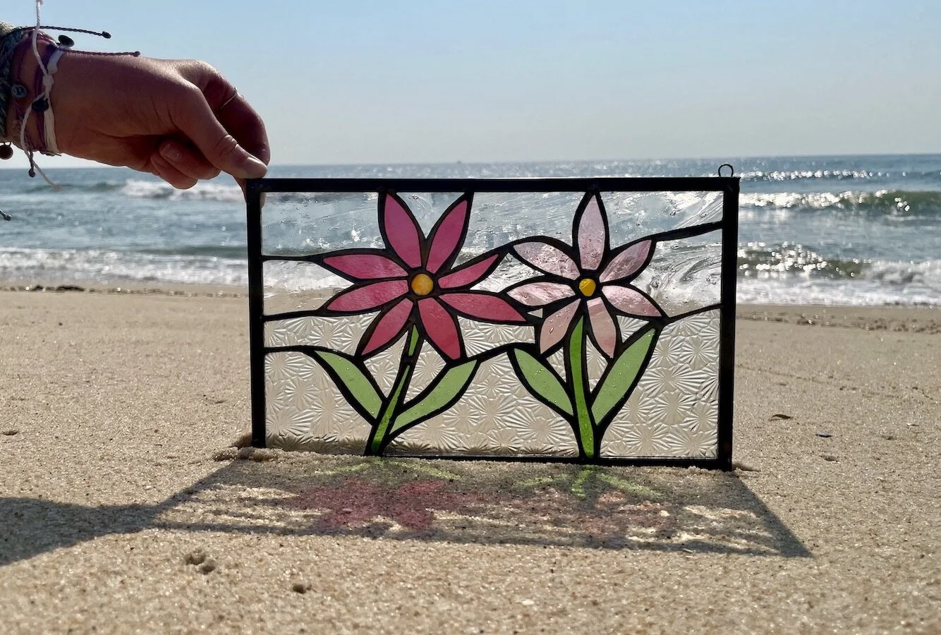 two pink flower stained glass